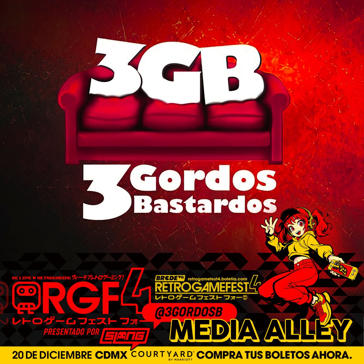BRCDEvg's tweet photo. 🛋️ 3GB (3 Gordos Bastardos) nació en 2008 como un proyecto de pasión por los videojuegos, cuando casi no existía contenido en español en YouTube. Lo que empezó con reseñas caseras hechas por Eze, Adrián y Rafa, creció hasta convertirse en una comunidad sólida con podcasts, transmisiones en vivo y distintos formatos de contenido.

Gracias al apoyo de sus fans, el proyecto se profesionalizó y hoy es un medio de videojuegos consolidado en México, con un equipo ampliado que aporta edición, diseño y opinión editorial.

Encuéntralos en el Media Alley de #RGF4 este sábado 20 de diciembre 📌 Los boletos están disponibles a través de Boletia 🎫