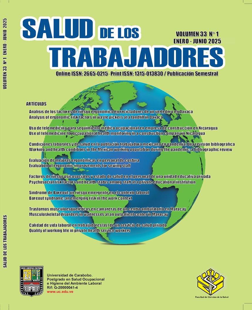 Revista Salud de los Trabajadores Volumen 33 - Número 1 Enero - Junio 2025 de <a href="/FCS_UC/">FCS Sede Carabobo UC</a> @UCaraboboen el portal de Revistas  <a href="/RedBiblioUC/">Red Bibliotecas UC</a> servicio.bc.uc.edu.ve