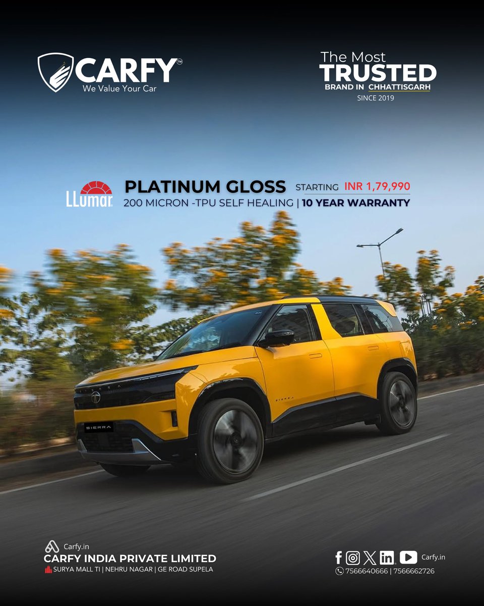 NRazzhere's tweet photo. The Legend is back! 🏔️ Huge congratulations to @TataMotors on the official launch of the all-new #TataSierra.

To celebrate, we have an exclusive offer for the VERY FIRST Sierra customer: FLAT 35% OFF on #PPF 
Protect your masterpiece from Day 1.
#Sierra #TataMotors #Carfy https://t.co/lpqHQy7gOd