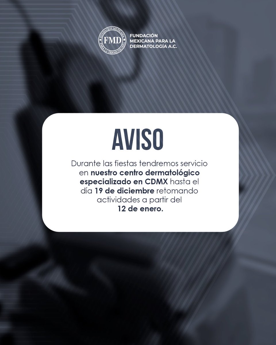 Durante esta temporada decembrina seguimos cuidando de tu piel. 
Agradecemos tu comprensión y te deseamos unas fiestas llenas de bienestar. ¡AVISO IMPORTANTE!