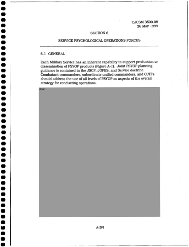 TonySeruga's tweet photo. The Black Vault has successfully obtained a new release of a previously heavily redacted document, which sheds new light on a military manual concerning Joint Psychological Operations Task Force (JPOTF) headquarters training. 

The document, originally requested under the Freedom of Information Act (FOIA) case 09-F-1583 in 2009, and partially released in 2014, contained multiple redactions under FOIA exemption (b)(2), primarily concerning internal personnel rules and practices of an agency. However, following a 2016 case filed by The Black Vault to request a re-review under 16-F-1727, the document has now been released in full, with no redactions.

Exemption (b)(2) is often cited to protect sensitive information related to internal rules, processes, and management of an agency, particularly when disclosure would risk circumvention of those rules. In the original release of the document, these redactions appeared throughout, obscuring details of how JPOTF headquarters operate during psychological operations (PSYOP), including its organizational structure, training methodology, and mission-related tasks.

The 2016 re-review of the document resulted in a full release with no redactions. This version, now available for download below, includes significant information previously withheld. The document, titled “Joint Psychological Operations Task Force Headquarters Master Training Guide,” provides comprehensive guidance for military leaders on training and organizing PSYOP units.

https://t.co/2O3NCL8R2s

The second and third images below: 2014 Release on the left, while the 2024 Release is on the right.

FOIA Victory: Full Disclosure of Military Psychological Operations Training Document [331 Pages, 67MB]

https://t.co/aPw2PC65uS