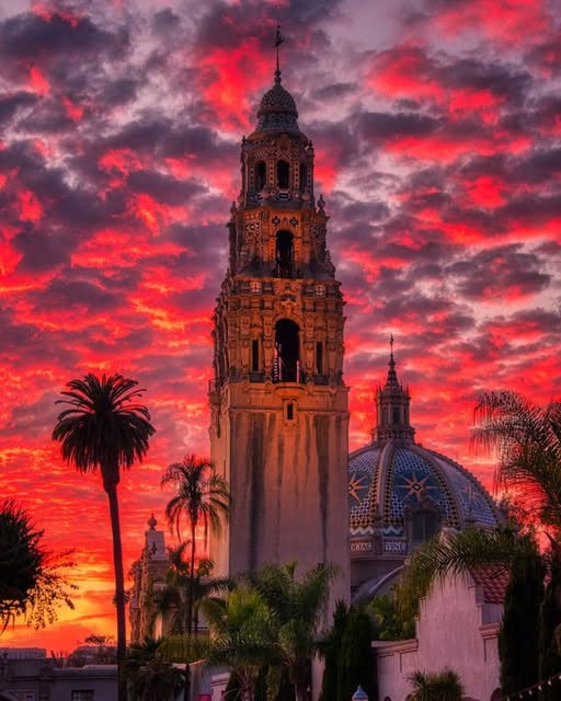 Beautiful sunset picture of the California Tower in Balboa Park. Photo credit Scott Taylor #balboapark #californiatower #sandiego #sunset
