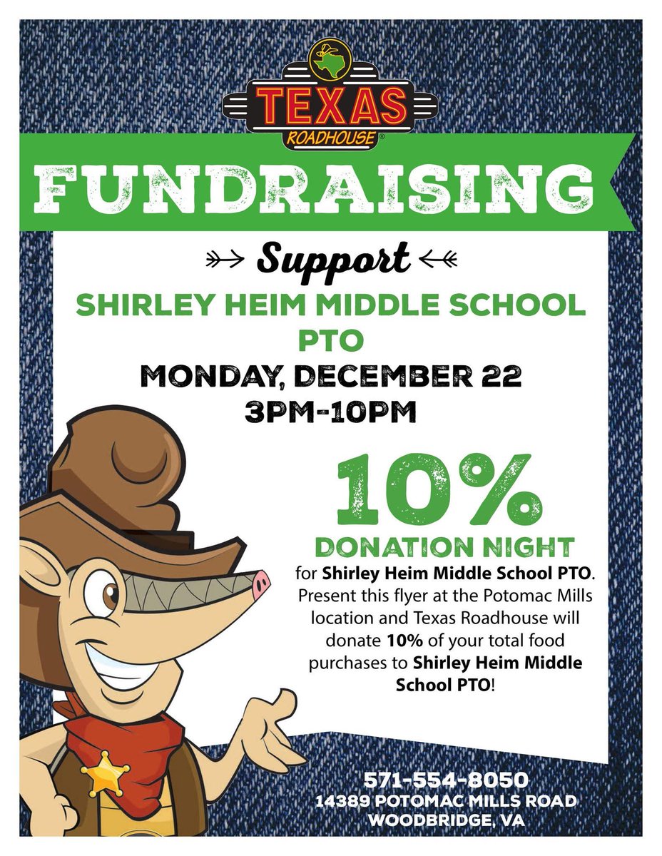 Don’t forget! 🤠 Texas Roadhouse Spirit Night is Dec. 22 (3–10 PM)!
Dine out, give back &amp; support <a href="/HeimPto/">Shirley Heim Middle PTO</a> — just mention us! 🙌 <a href="/Shirley_Heim_MS/">Shirley Heim Middle</a>