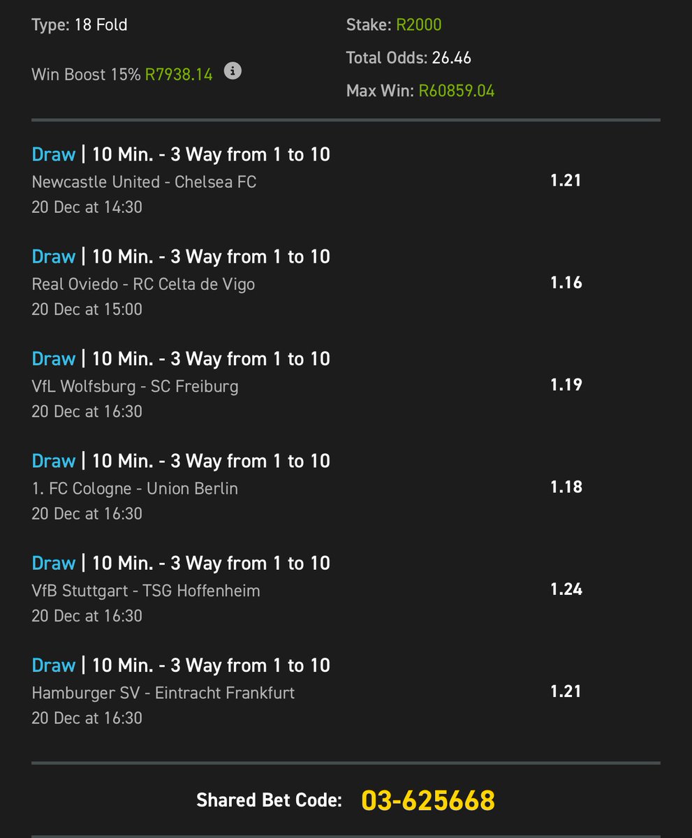 sotjiees's tweet photo. 10 minutes draws  ☘️🙌🏽  with @Easybet_SA ✌️

Booking code : 03-625670

Odds : 26  plus   🦻🏼

Betslip link: https://t.co/ji5wwLaXnP

Not yet on easybet 🦻🏼? You Missing out big! 💛

Join easybet here: https://t.co/3lIqF84X9L

⚡️Get R50 sign up bonus + 25 Bonus Spins, 150% first deposit match 💃🥳 15% weekly cashbacks

When you use my PROMO: CAVAH50
