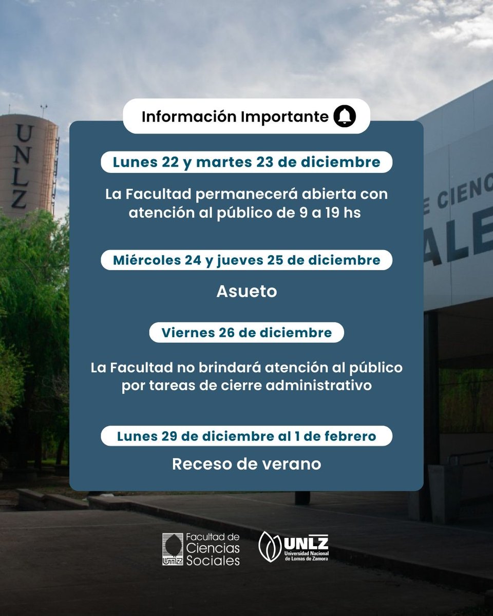 📣ATENCIÓN: Les compartimos los horarios de atención y el cronograma de cierre de año de la Facultad de Ciencias Sociales.

#SomosSociales #SocialesUNLZ