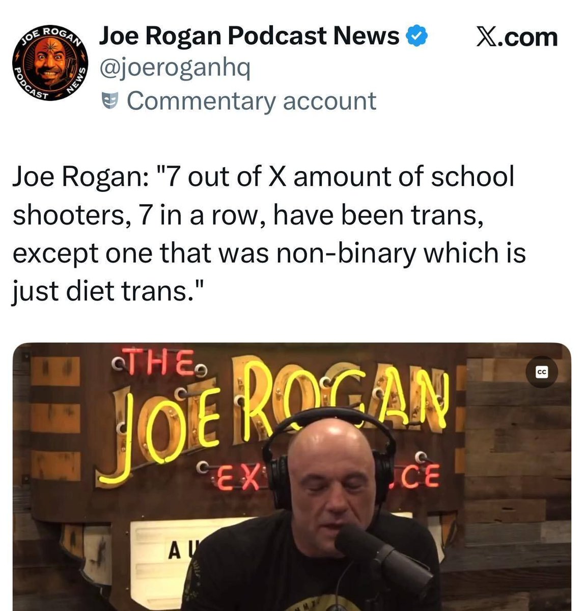 nycjayjay's tweet image. Out of 5,748 mass shootings in the U.S. in the past, only 5 were committed by trans or non-binary people. Joe Rogan needs to stop taking horse dewormer and stop making crap up just to fearmonger and spread hate.