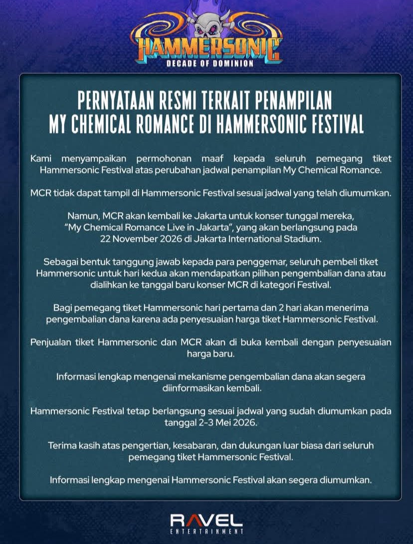 kolonigigs_'s tweet image. ‼️BHAAAPP! 

MCR GAK JADI TAMPIL DI @hammersonicfest TAPI BAKAL GELAR KONSER TUNGGALNYA PADA 22 NOVEMBER 2026 😱😱
