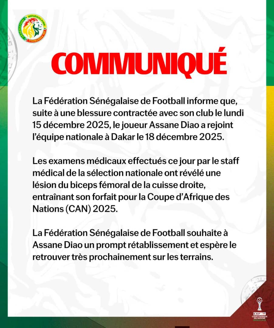 Assane Diao forfait pour la #CAN2025 , prompt rétablissement