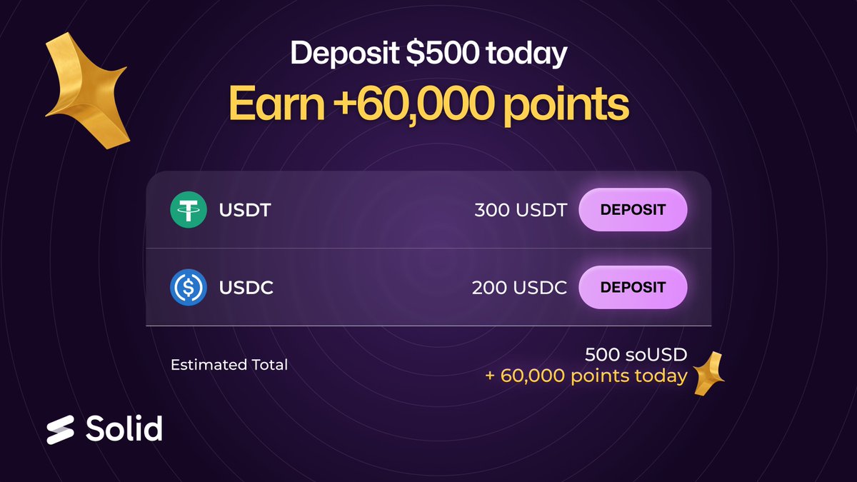 Your money called. It’s tired of lying around, not earning a dime.

Put it to work with Solid:
 > Earn 9.7% yield on your assets
 > Get 5× points right now

$500 in → +60,000 points today

Make your money do more.