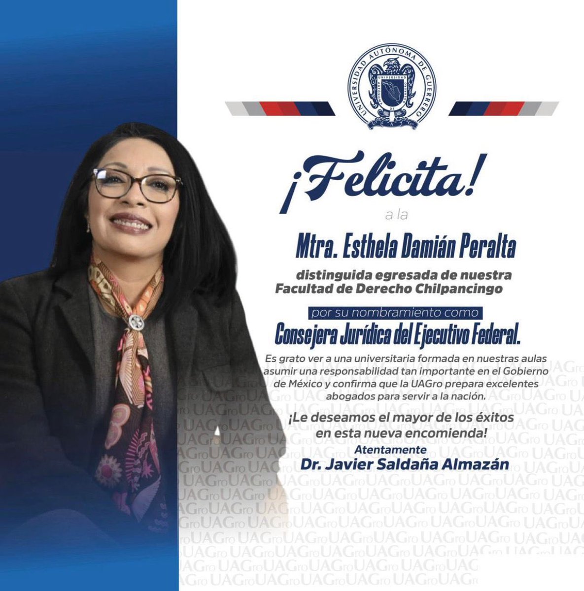Emocionada y agradecida por el reconocimiento de la @UAGro y del Dr. Javier Saldaña Almazán 🙏🏽. Este nombramiento es un honor y un compromiso para seguir trabajando por la justicia y el bienestar de México 🇲🇽. ¡Gracias por creer en mí! #OrgulloUAGro #ConsejeraJurídica"