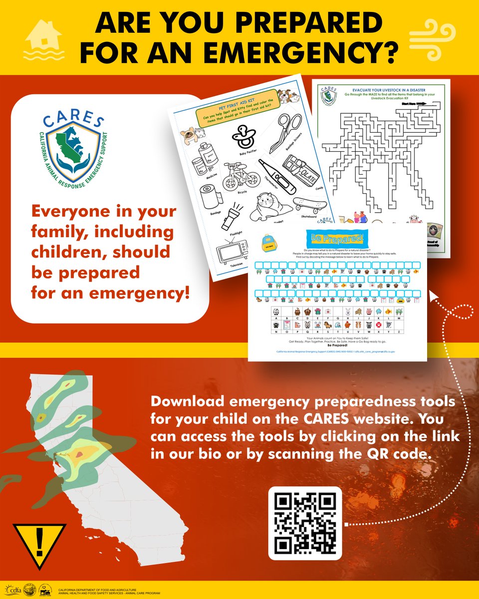 CDFAAnimalCare's tweet photo. Do you have an emergency plan in place for you and your pets? The National Weather Service is forecasting a major storm that may impact much of California in the coming days. Click the link in our bio to download learning tools for your child or loved ones. https://t.co/HQyt9aqfEQ