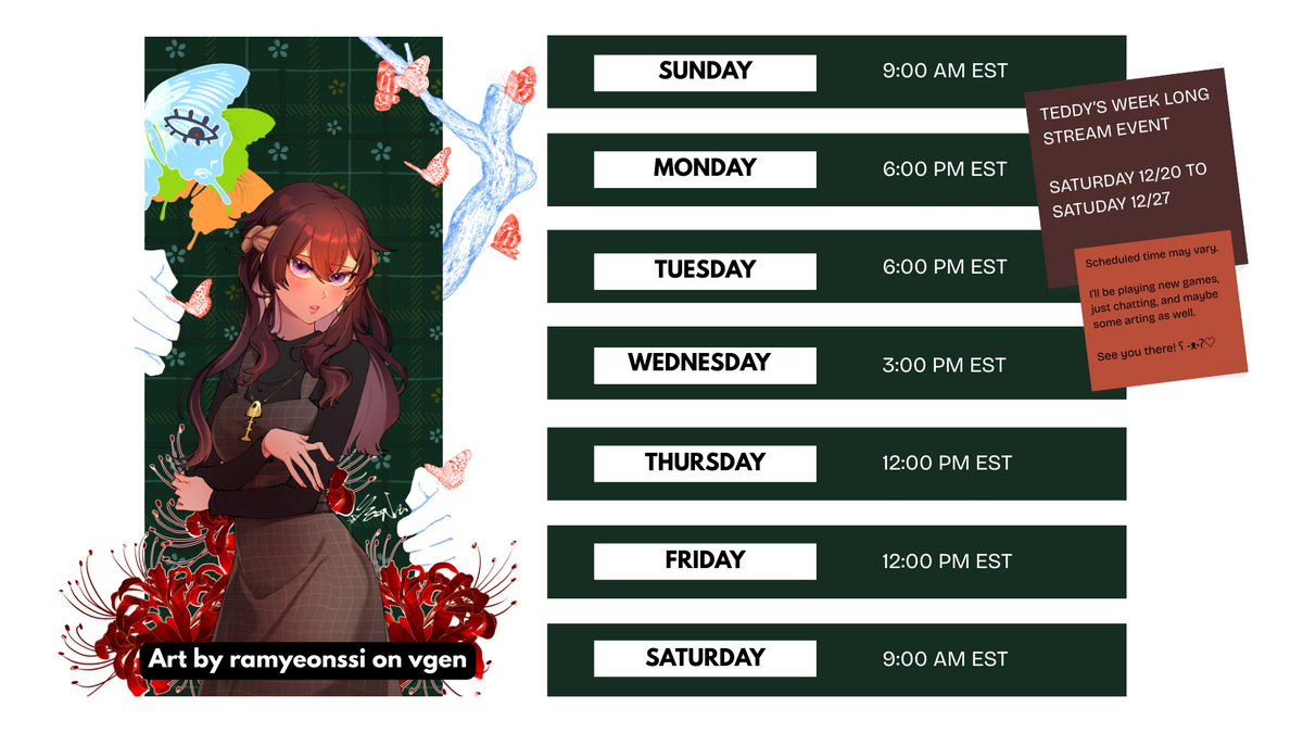 rorosaur's tweet image. TEDDY'S WEEK LONG STREAM SESSION IS FINALLY HERE! ✨

Thank you all for completing the first challenge. 
I'll start the first stream on Sat. 12/20 at 9AM EST.
Take care everyone and see you there. 💖

I listed the schedule for the following days below ⬇️