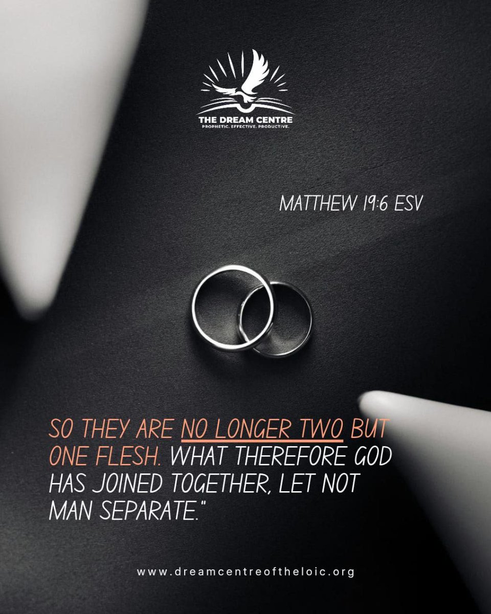 ReverendAreogun's tweet photo. MARRIAGE IS A DIVINE COVENANT

“So they are no longer two but one flesh. What therefore God has joined together, let not man separate.”
— Matthew 19:6 (ESV)

Marriage is not a human arrangement—it is a divine joining.
When God joins a man and a woman, He releases grace for unity, permanence, love, and purpose. What God joins must be honoured, protected, and preserved.

In a generation that trivialises covenant, the Word of God remains firm: oneness is God’s design.

🕊️ Join us online for sound biblical teachings on marriage, family, and destiny:

▶️ YouTube (Live): https://t.co/RwsZTDrT3h
📻 DCIRadio: https://t.co/HnLSUgwxev
🌐 Streaming Page: https://t.co/tQVG4Ut9Et
📘 Facebook: https://t.co/4yGOuKCzMR

#MarriageByDivineDesign
#OneFlesh
#CovenantMarriage
#BiblicalMarriage
#DreamCentre
#ChristianMarriage
#ReverendAreogun