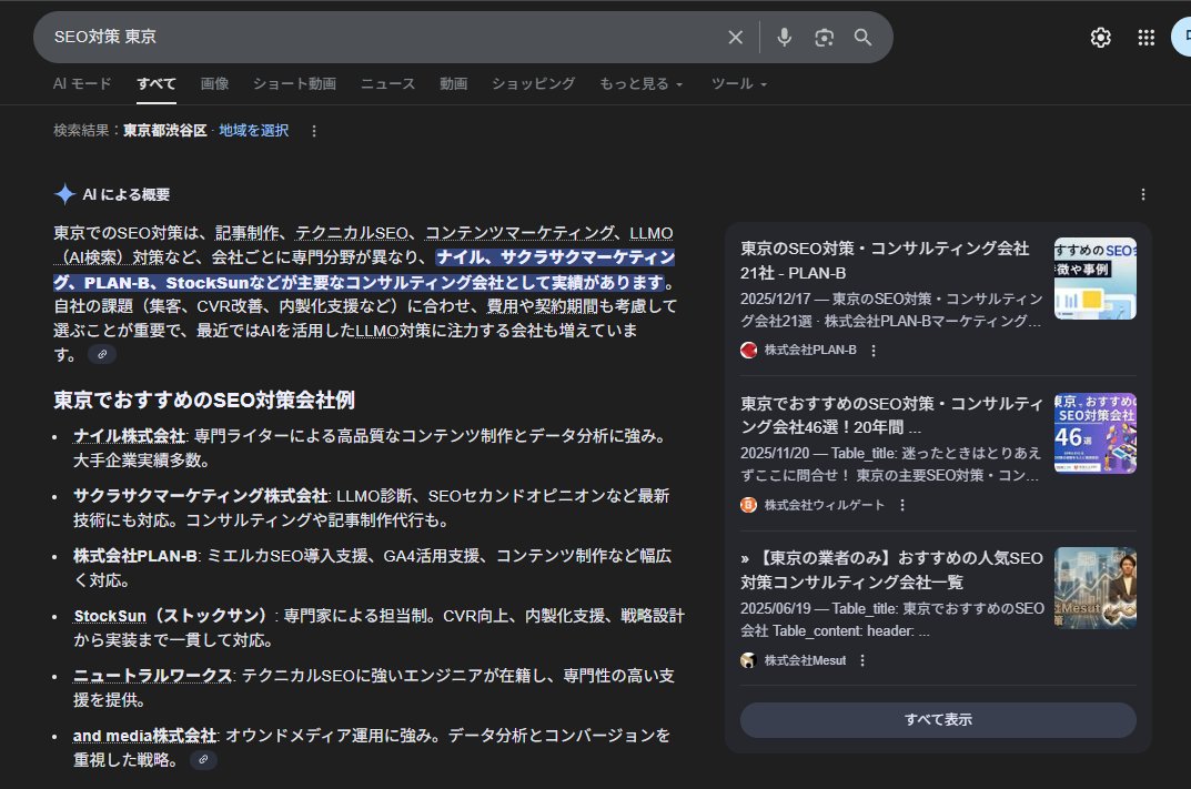 SEO対策 東京」で早速AIOverviewに引用されるようになりました