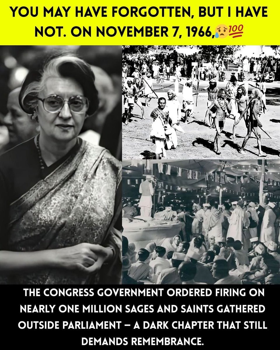 ssaratht's tweet image. “Just as you have fired bullets on sages and saints, in the same way one day you too will be killed.”

— Swami Karpatri Ji Maharaj’s curse to Indira Gandhi
Date: 7 November 1966
Estimated deaths: Nearly 5000 (11 as per government records)

More than five decades ago, on 7…