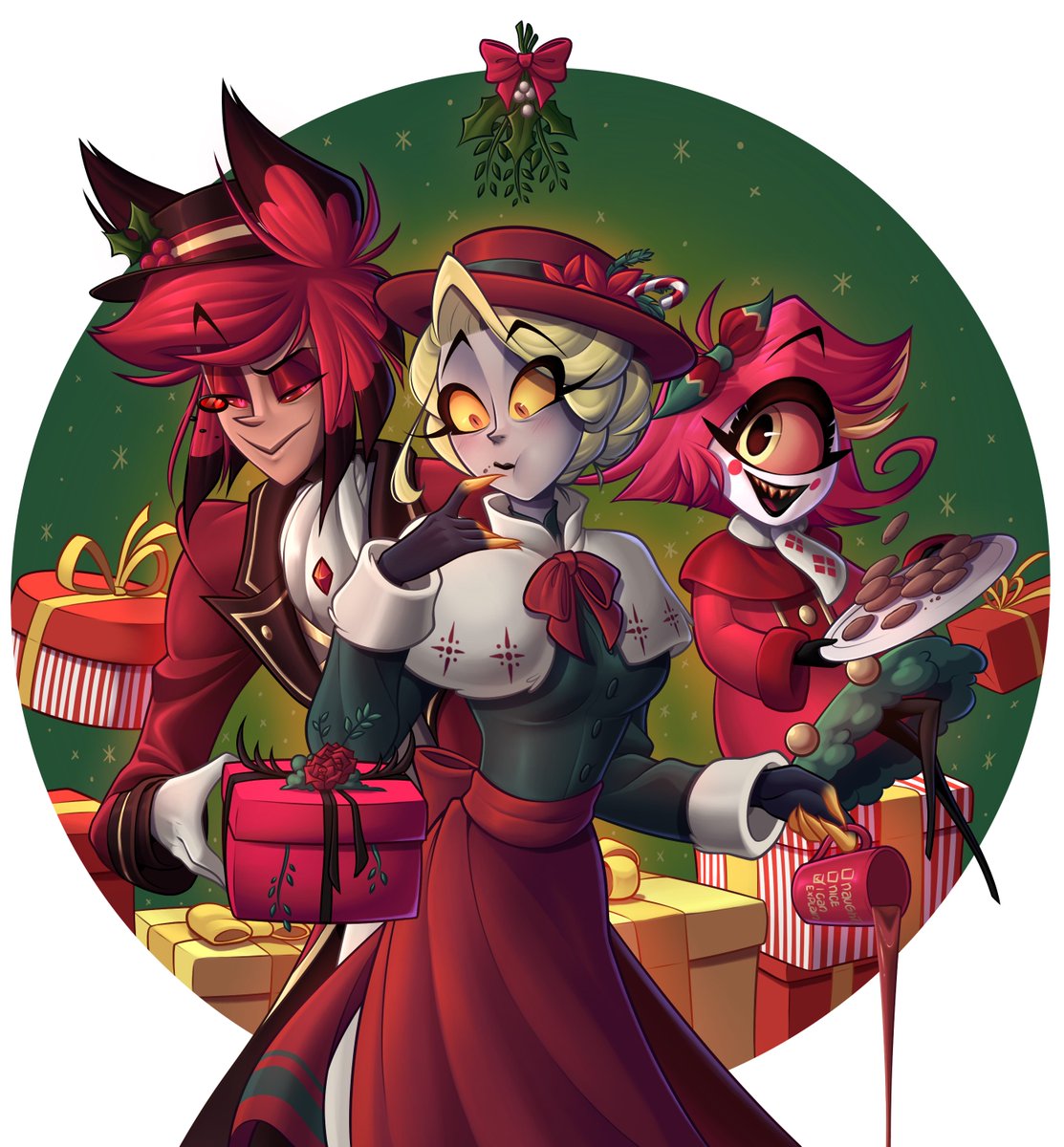 Happy sinsmas!
Finally got to draw my OC Emmeline again!
So I want to think that Alastor absolutely adores Christmas, but that his gifts may or may not be dangerously depending on the person. In this case, it’s not 💕

#HazbinHotel #HazbinHotelAlastor #HazbinHotelNiffty #canonxoc