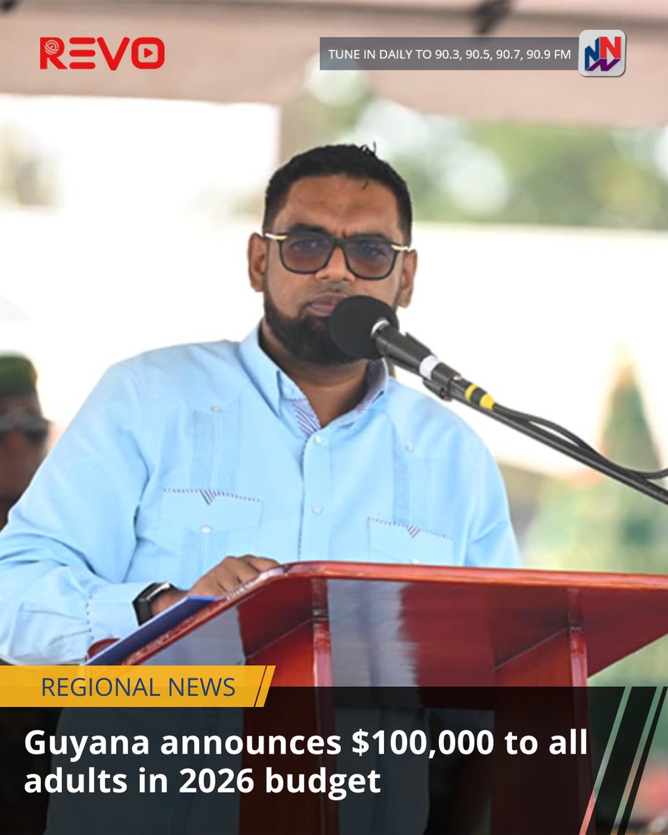 NationwideRadio's tweet image. The government of Guyana says it will provide a $100,000 cash grant to every Guyanese aged 18 years and older.

The funds will be allocated under its 2026 National Budget. 

READ MORE HERE: ow.ly/Uss050XMPZy