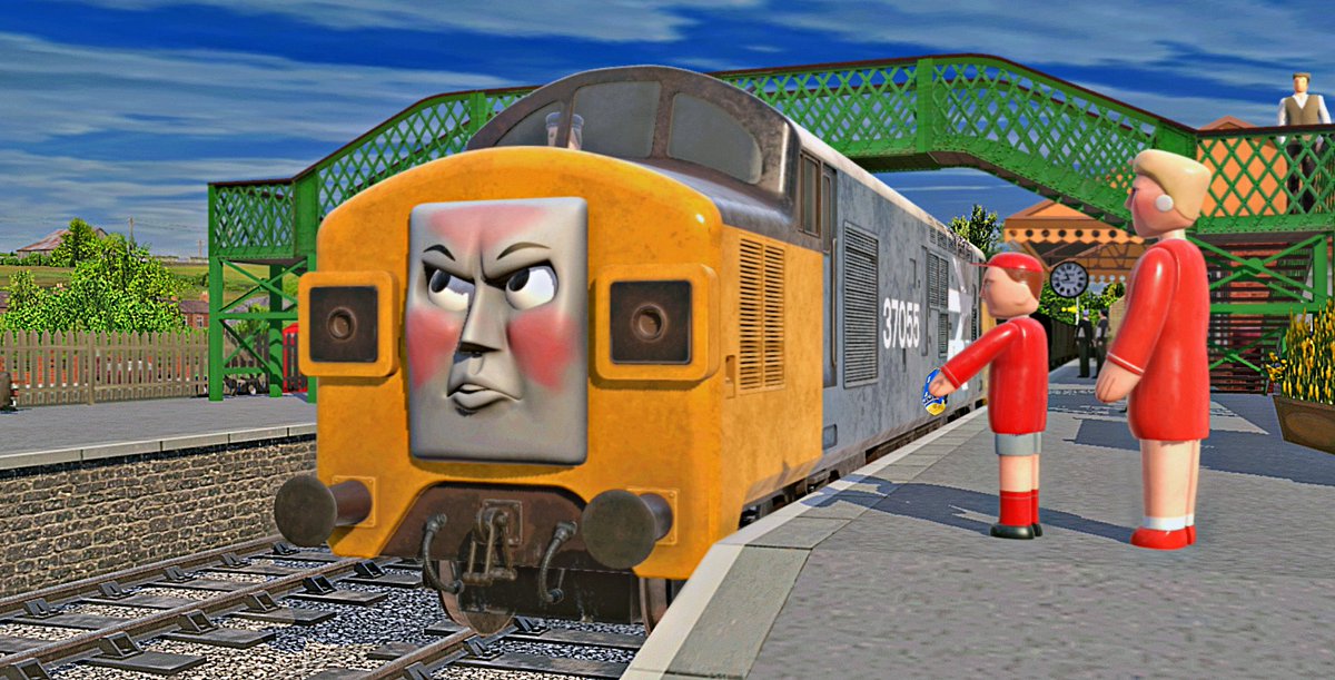 Subiboard's tweet image. A boy with his mother saw a Class 37 at the platform while waiting at a signal. The boy waved his toy excitedly.

"Look, Mommy!! It's Brewster!"

The 37 was red in the face in annoyance, as people kept referring to her by that character's name.