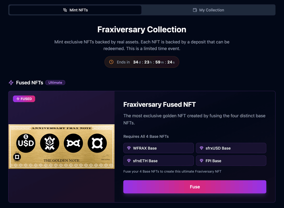 fraxfinance's tweet image. 1/ FRAX TURNS 5 🥳

Five years ago today, the Frax protocol launched, and we've been innovating in DeFi ever since. To celebrate, we’re launching the Fraxiversary Collection on Fraxtal, commemorative NFTs backed by real assets.

Mint here: frax.com/nft

Learn more👇