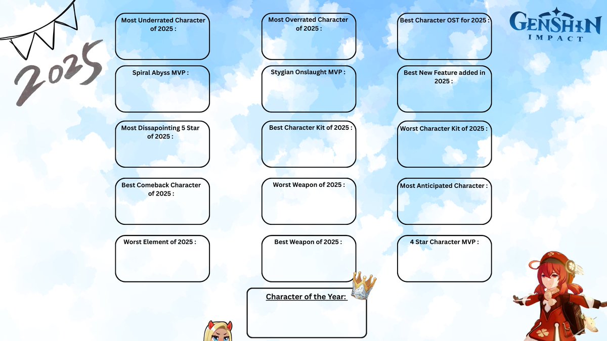 Who are your picks for 2025 #GenshinImpact Gamers?
I created a sheet for this years Superlative! Share your picks below, I'm nosey and want to see