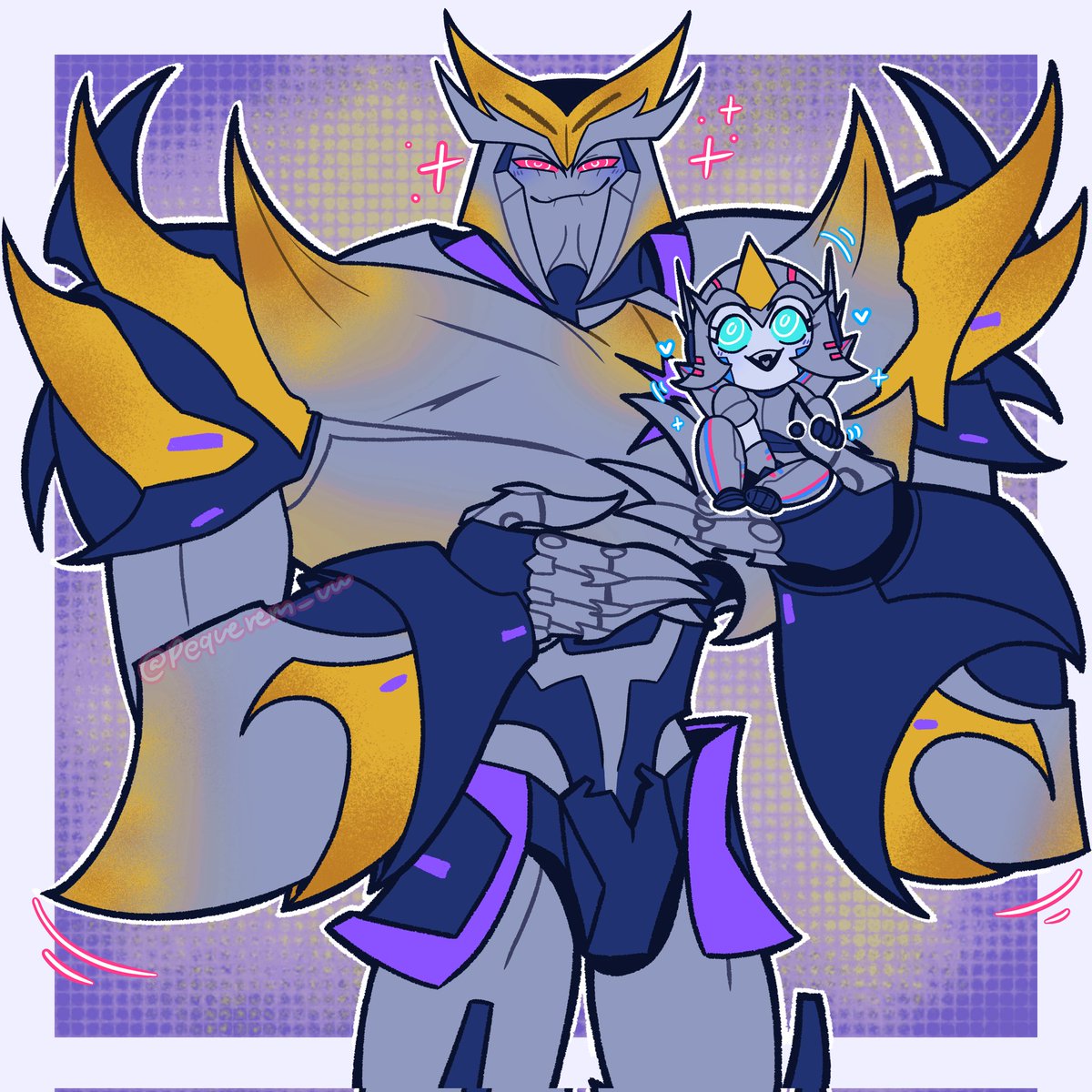 Thank you so very much <a href="/pequerem_uwu/">★Pequem★</a> ❤️ 💙 💜 
Smug mama bear proudly displays his bundle of joy
Megatron: "Ah yes, this is my daughter Andromeda. My little galaxy, my sparklet, my starlight, my world."
Andromeda: "Beep!" 
#mamatron #opmegsparkling #tfp #tfsparkling