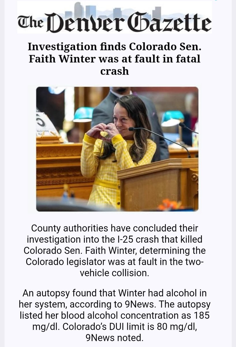 BREAKING: Colorado Democrat Senator Faith Winter was drunk, more than 2x the legal limit, and caused the crash that took her life.

Winter was known for being drunk while at work, even receiving a formal repremand from a Senate ethics investigation.