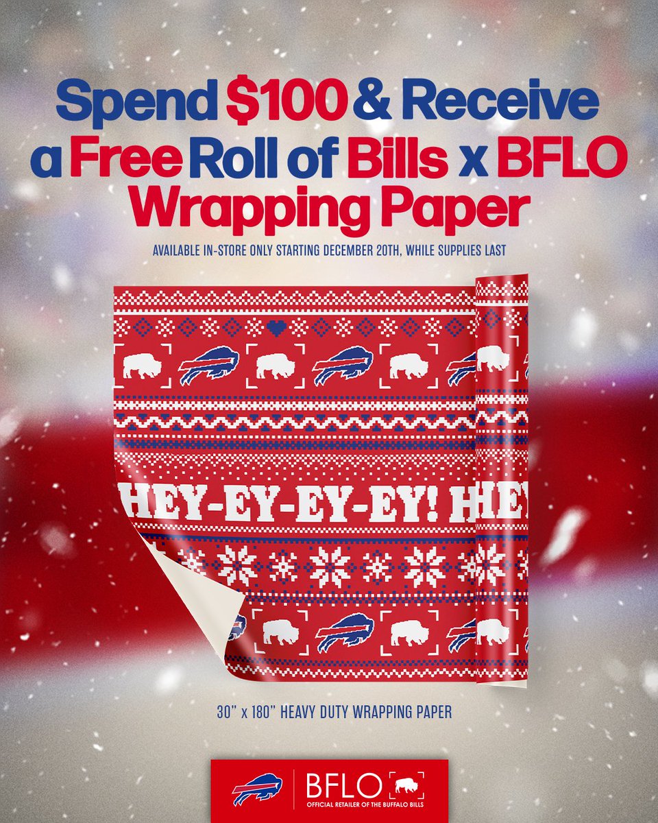 Bills fans, Christmas crunch time is here 💙❤️
Starting Saturday, spend $100 in-store and get FREE Bills x BFLO wrapping paper.

All BFLO Store locations have extended holiday hours this weekend, shop Bills gear and wrap it up Buffalo style while supplies last 🏈🎄