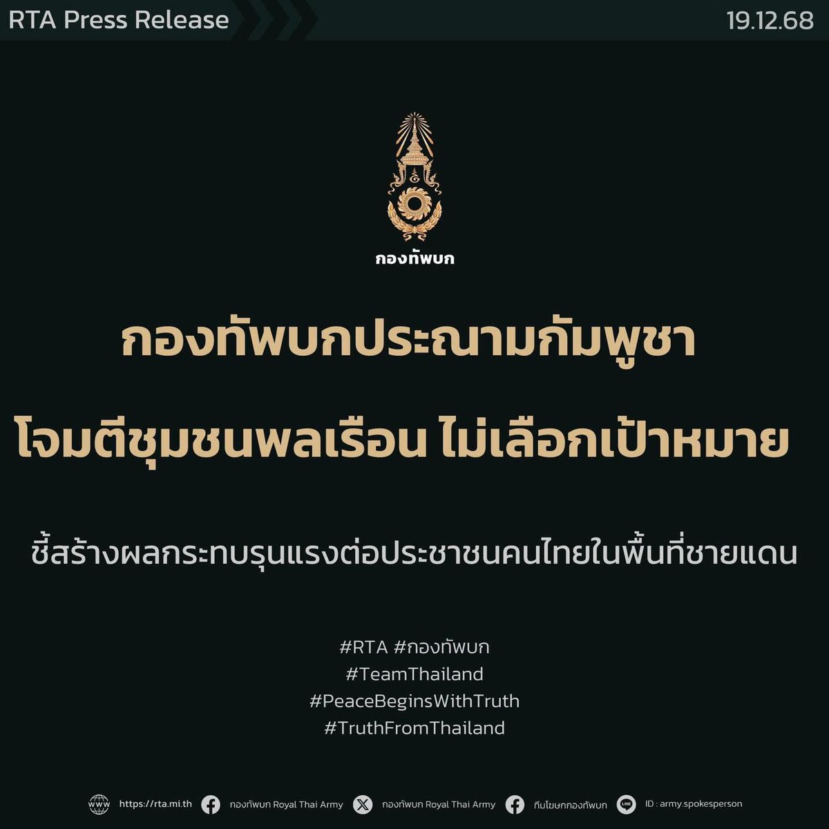 กองทัพบกประณามกัมพูชาโจมตีชุมชนพลเรือน ใช้กำลังไม่เลือกเป้าหมาย ชี้สร้างผลกระทบรุนแรงต่อประชาชนคนไทยในพื้นที่ชายแดน
 
วันนี้ (20 ธันวาคม 2568) พลตรี วินธัย สุวารี โฆษกกองทัพบก เปิดเผยว่า กองทัพบกขอประณามการกระทำของฝ่ายกัมพูชา