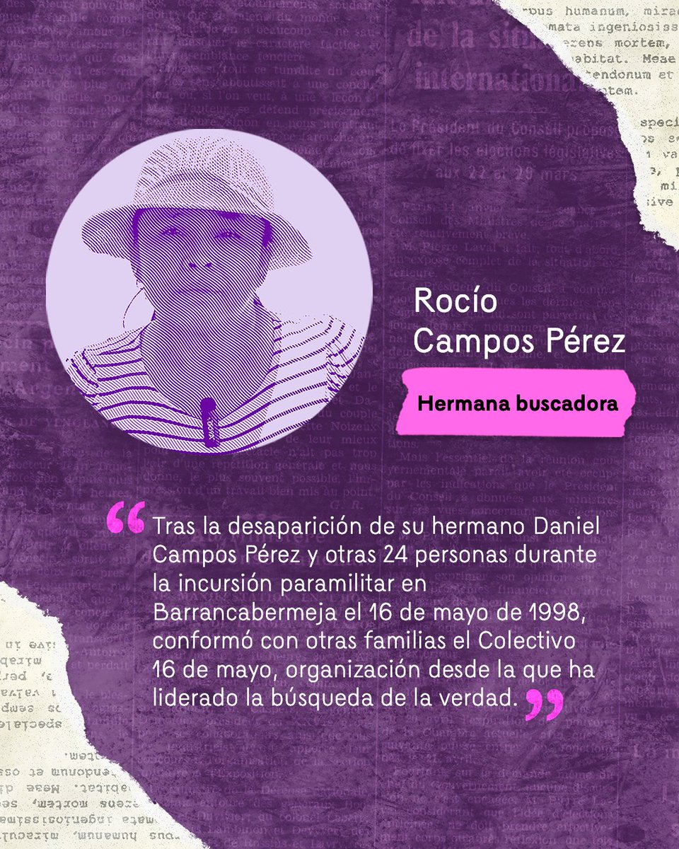 UBPDcolombia's tweet image. 🟣 A raíz de la desaparición de su hermano Daniel Campos Pérez y otras 24 personas en el puerto petrolero de Barrancabermeja (Santander), en mayo de 1998, enfocó sus energías hacia la búsqueda de las víctimas.

📖 Conoce su biografía en @banrepcultural: enciclopedia.banrepcultural.org/index.php?titl…