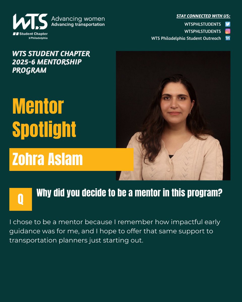 WTSPHLStudents's tweet photo. We’re excited to continue our WTS Student Chapter 2025–26 Mentor–Mentee Spotlight Series with Zohra Aslam!
Zohra is an Assistant Consultant and Transportation Planner at WSP, where she contributes to a wide range of planning projects across the Philadelphia and New Jersey region. https://t.co/zvWDBYBQVy