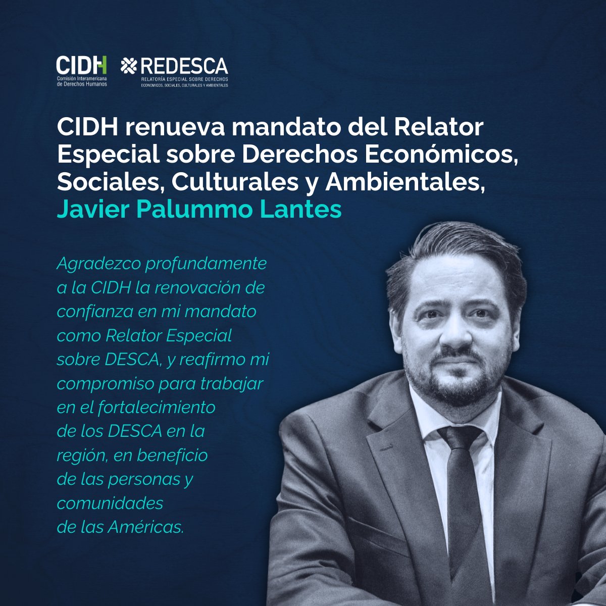 DESCA_CIDH's tweet image. La @CIDH decidió renovar el mandato del Relator Especial sobre los Derechos Económicos, Sociales, Culturales y Ambientales, @jpalummo, por un período adicional hasta el 31 de agosto de 2029, en reconocimiento a la labor desarrollada durante su mandato y a los resultados…