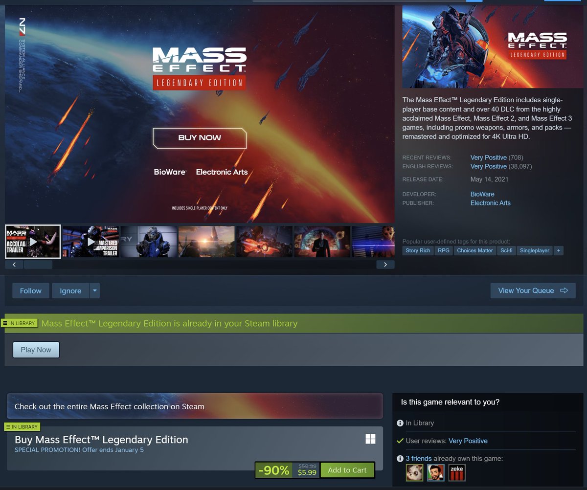 Dansgaming's tweet image. Mass Effect Legendary Edition is on sale for $6 on steam.
This version includes all 3 games and all DLC with enhancements to the graphics. 

This is simply one of my favorite game series of all time. If you've never played I envy you for getting to play for the first time!