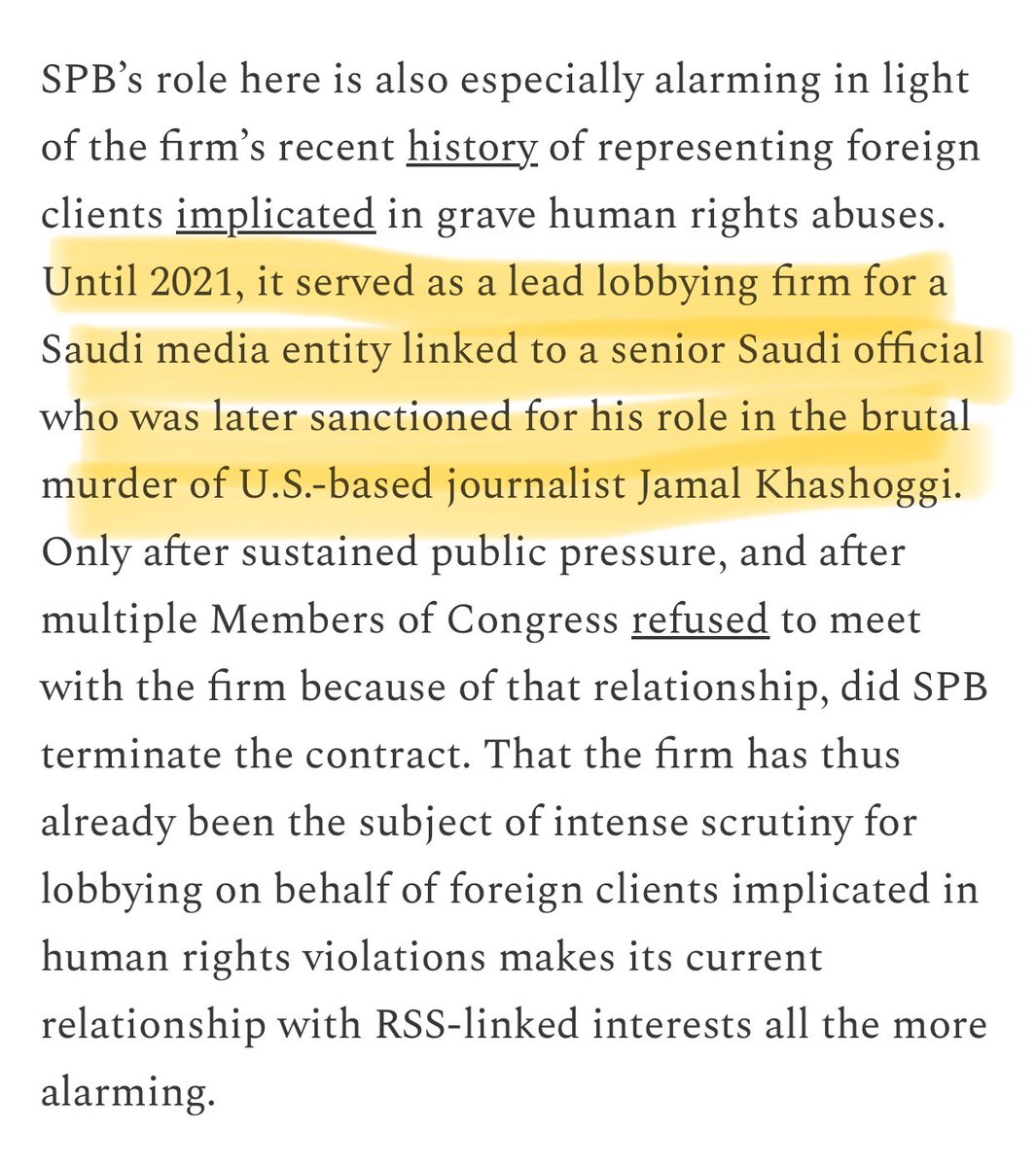 Insanity.

DC lobby firm Squire Patton Boggs (who lobbied indirectly for the Kingdom of Saudi Arabia) explicitly stated they were lobbying “on behalf of” the *actual* RSS, 

But did NOT register under the Foreign Agent Registration Act, so as to escape disclosure requirements.