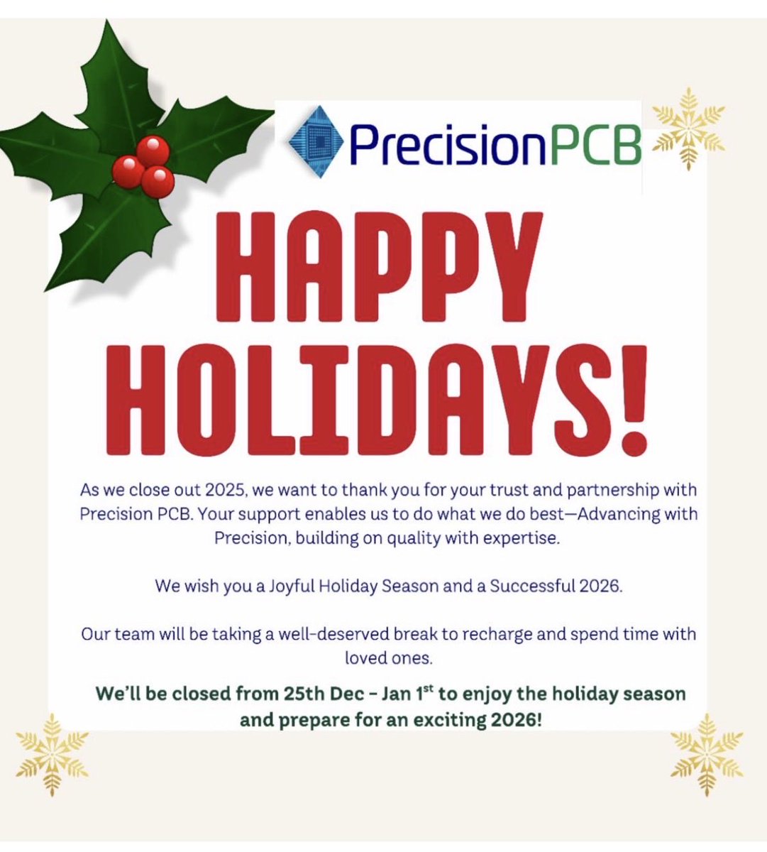 precision4pcb's tweet photo. Happy Holidays from PrecisionPCB Assembly. Serving electronics industry #aerospace #medical #oem #energy #embedded with Quality, Reliability made in USA 🇺🇸 https://t.co/nSbzEqnOq3