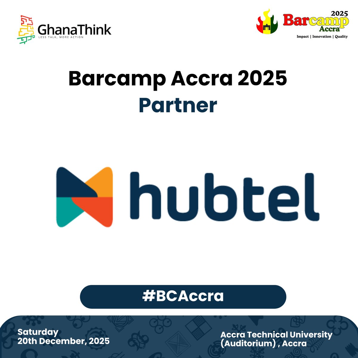 We’re starting the morning with our first partner! 🚀 Huge thanks to <a href="/hubtel/">Hubtel</a>  for making everyday essentials easier to find and pay for. 📱💳 

From food to services, they’ve got you covered! 

Join them at #BCAccra today!  

#ImpactInnovationQuality