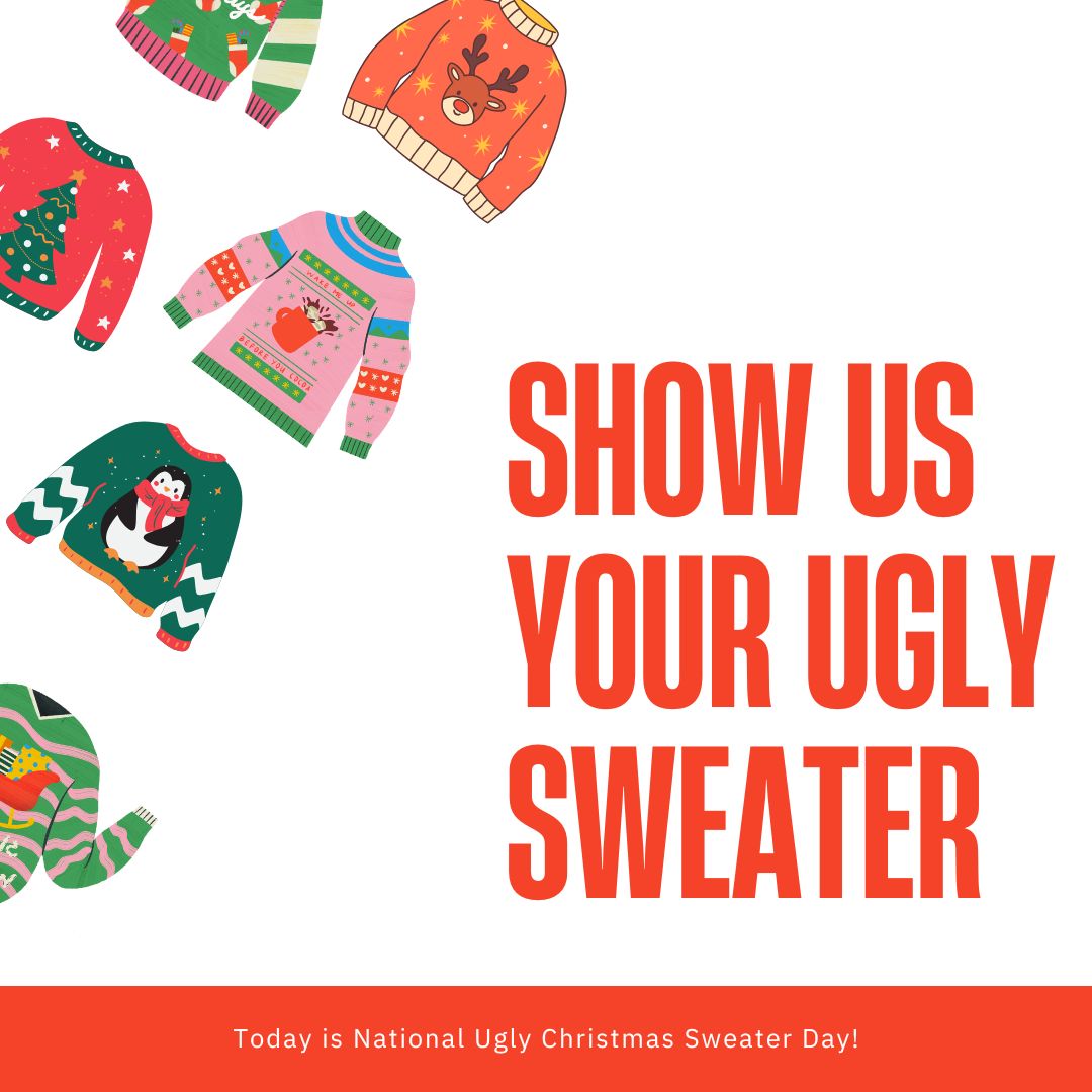 OYYAM's tweet image. Today is National Ugly Christmas Sweater Day and we want to see your ugly sweaters!  Drop them in the comments OR tag us in your post.  

#UglyChristmasSweater #NationalUglyChristmasSweaterDay #ChristmasSweater #FestiveStyle
