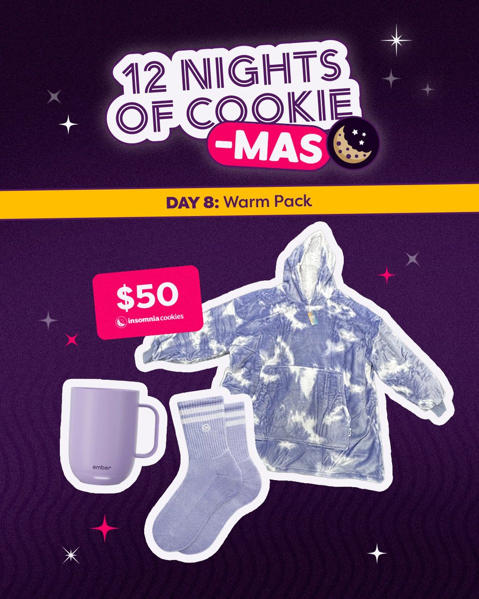 insomniacookies's tweet photo. 12 Nights of Cookie-Mas Day 8 brings...a pack to keep you toasty as you eat a pack of warm cookies. Head to https://t.co/B4o2fc0A2w to enter. https://t.co/mqc3Fjdzvo