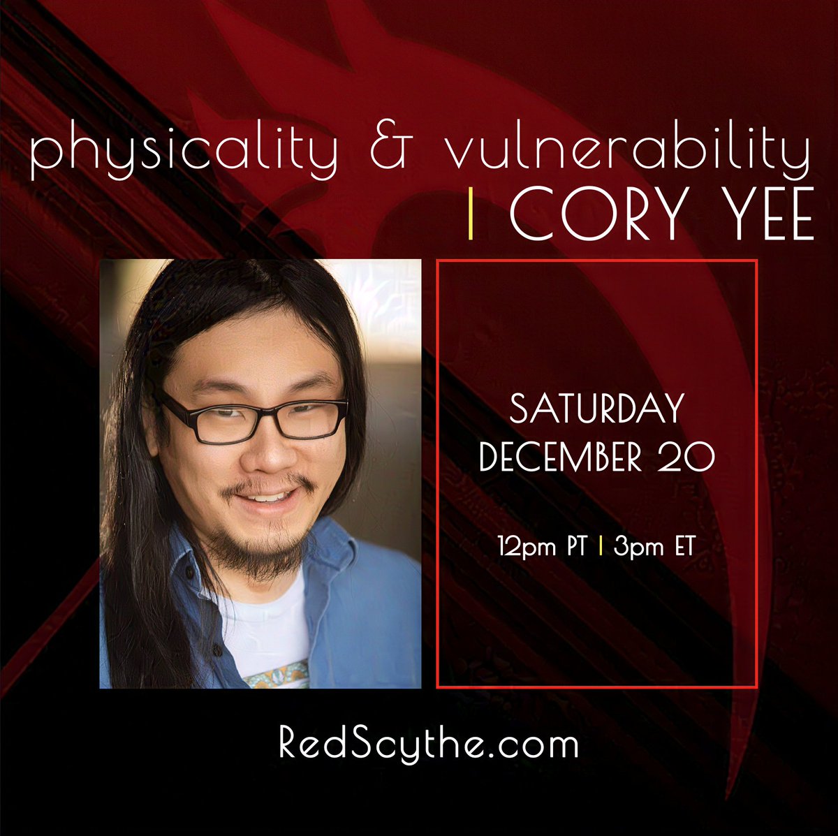 This is the last call for tomorrow's workshop with <a href="/CoryYee/">Cory Yee</a> !

Voice acting is more than simply saying the words with an emotion. The body must physically be involved in the moment. The lines must incur a sense of vulnerability inside you, inside the boundaries you've defined.