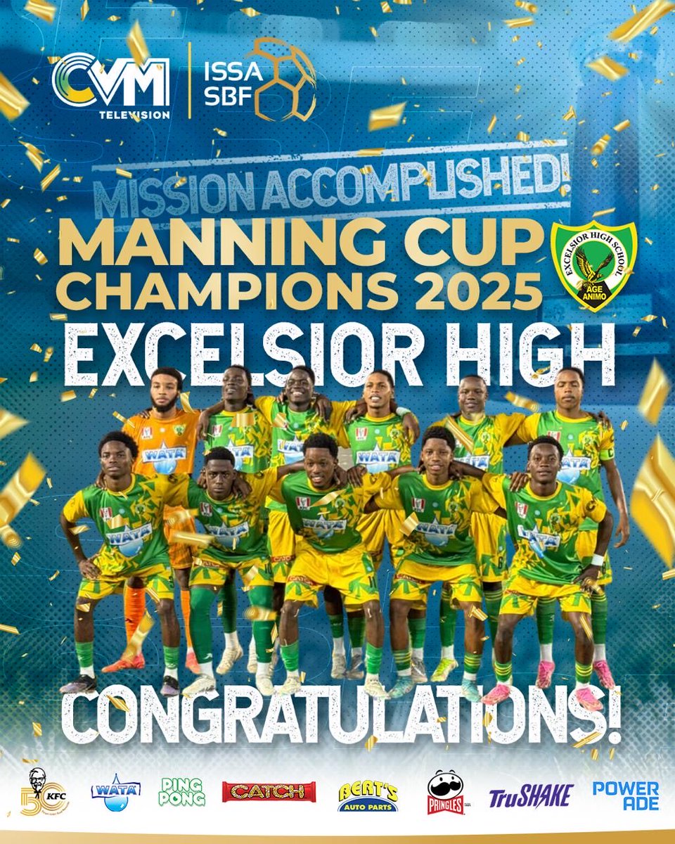 CVMTV's tweet photo. Excelsior High are the 2025 Manning Cup champions after a 2โ0 victory over Jamaica College in the final.
Watch highlights and coverage on CVM TVโs YouTube channel and on air.
#ManningCup #ISSASBF #CVMTV https://t.co/2oJBgSMV2B