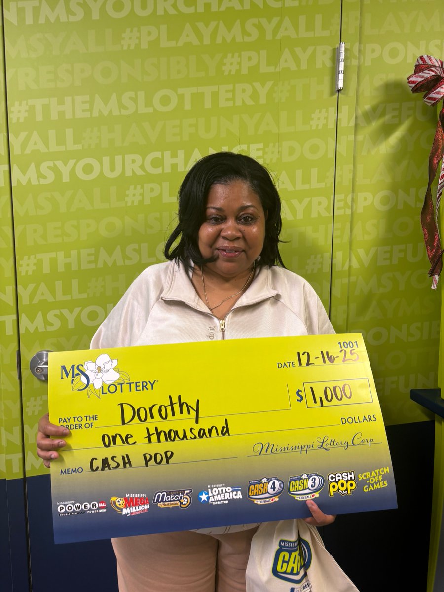 TheMSLottery's tweet photo. π Winner Alert π
Shout out to Dorothy from Purvis! π Sheβs a regular when it comes to claiming prizes, and this time she won $1,000 on a Cash Pop ticket! Dorothy purchased her winning ticket from B-Kwik #13 in Columbia. Great win, Dorothy! π #HaveFunYall #MSLottery https://t.co/2TJTXmx87c