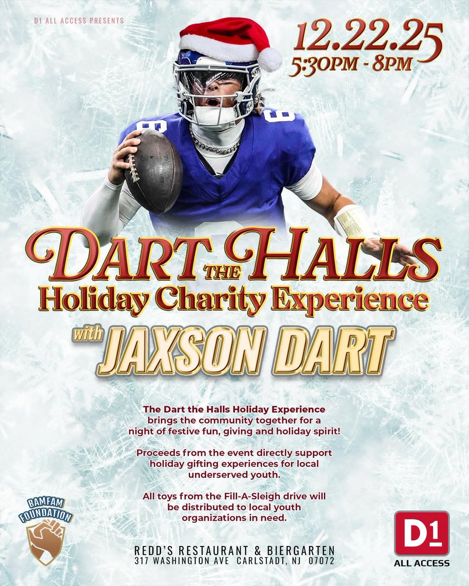 LicensePlateGuy's tweet image. 🎄🎅 GIVEAWAY TIME 🎅🎄
Hands down my favorite giveaway yet… HAPPY HOLIDAYS!
MEET JAXSON DART at Redd's in Carlstadt,NJ. this Monday 12/22.
🎁 ONE lucky winner will receive:
⭐ A SIGNED JAXSON DART JERSEY (pictured)
🌟Another winner will win a Jaxson Dart Giants jersey…