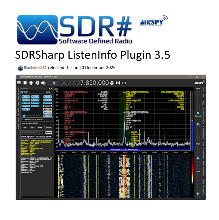 Thank you for your interest in the ListenInfo plugin for SDR# Studio!

20 Dec 2025: UPDATED to v.3.5 (.NET8).

New Minor release, Get/Update it now!
Check Details on GitHub:
🟩Info:
github.com/BlackApple62/S…
🟩Releases
github.com/BlackApple62/S…