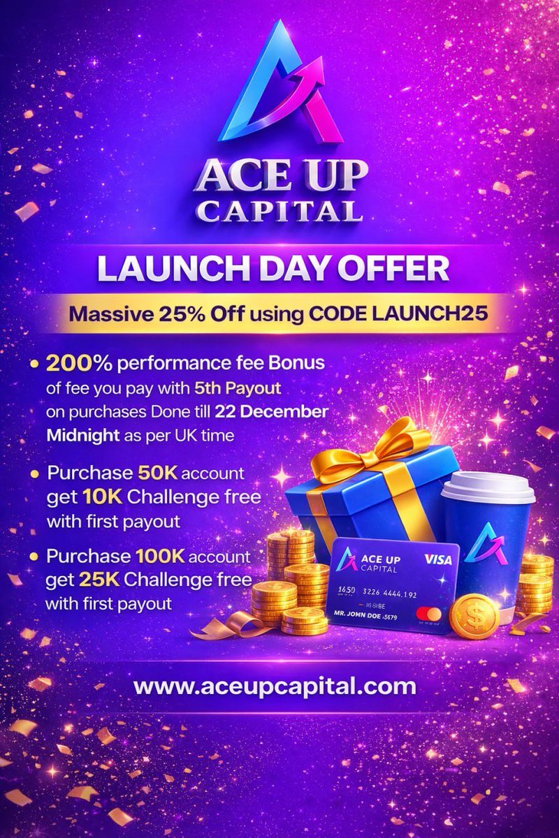 Ace Up Capital is officially Going LIVE in Next few hours.
Here is some exclusive  launch promo for the  Early traders.

Enjoy 25% off, 200% bonus, and free challenges with your first payout.
Use code LAUNCH25 today.

aceupcapital.com