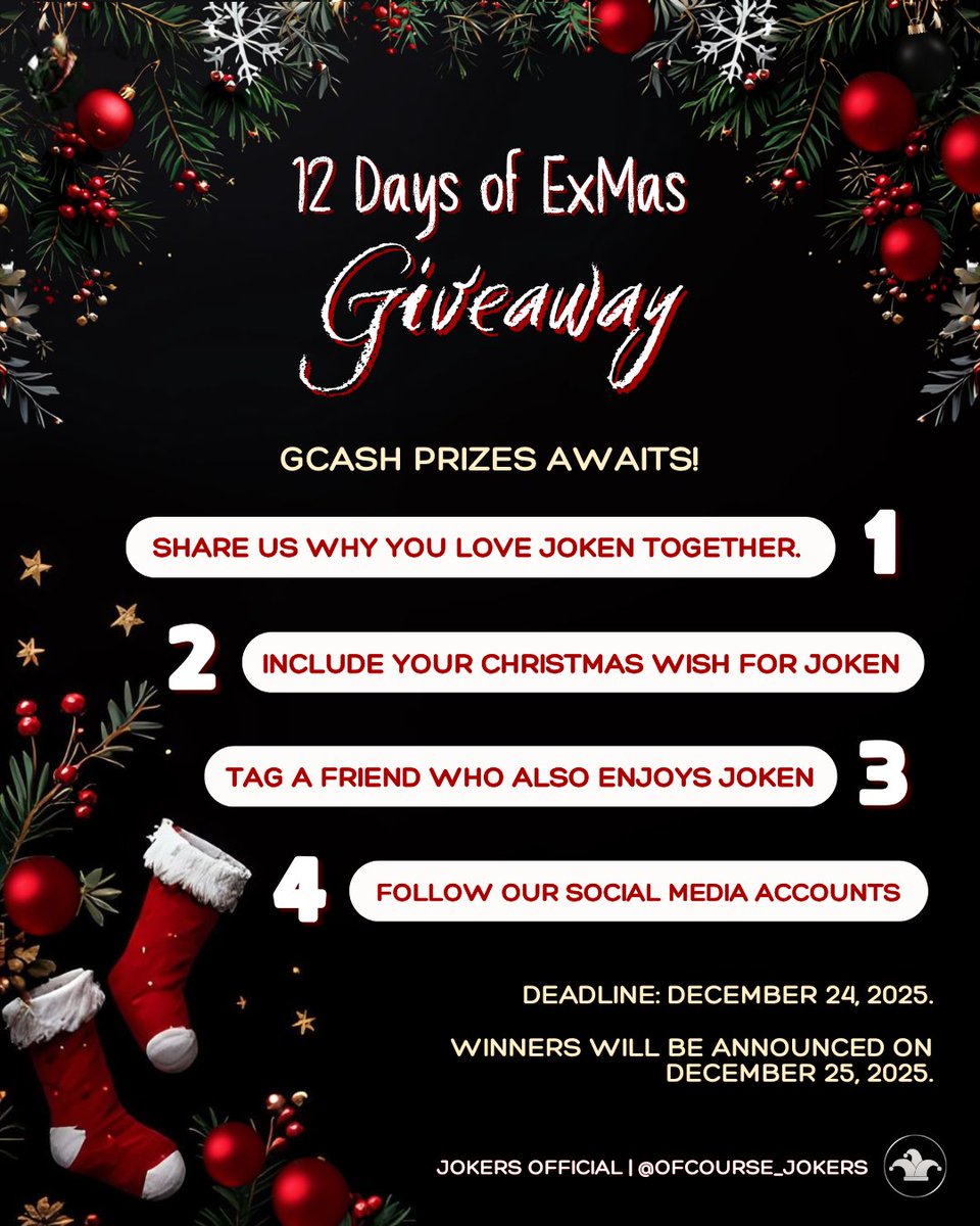 Ofcourse_Jokers's tweet photo. 📢 SINONG GUSTO NG PAMASKO??
EXmas Giveaway time!🎁
#JOKEN_12DaysOfExmas #JOKEN_EXMAS
#JOKEN #jokentwt https://t.co/2b4p1vvUf7