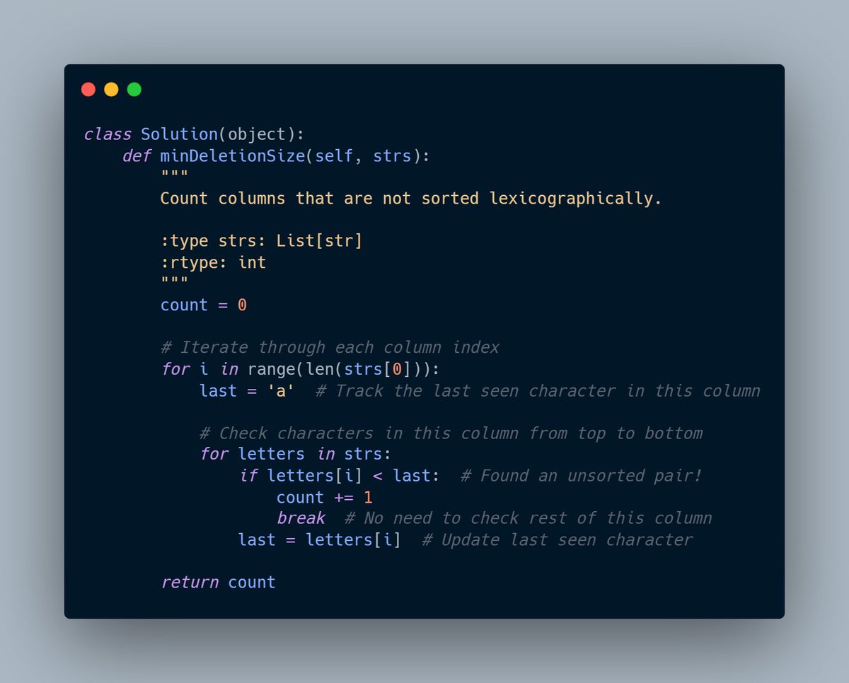 otakuayush_'s tweet photo. 📌 POTD LeetCode 944
— Delete Columns to Make Sorted
🐍 Python | Column-wise Check
✅ Traverse column by column
✅ Break on first disorder
⏱ O(n×m) Time | 💾 O(1) Space
Solution: https://t.co/AaDo58XRuS
#Python #LeetCode #POTD #DSA #Arrays #Strings #StriverSheet #DailyLeetCode https://t.co/FLRj2sSWHL