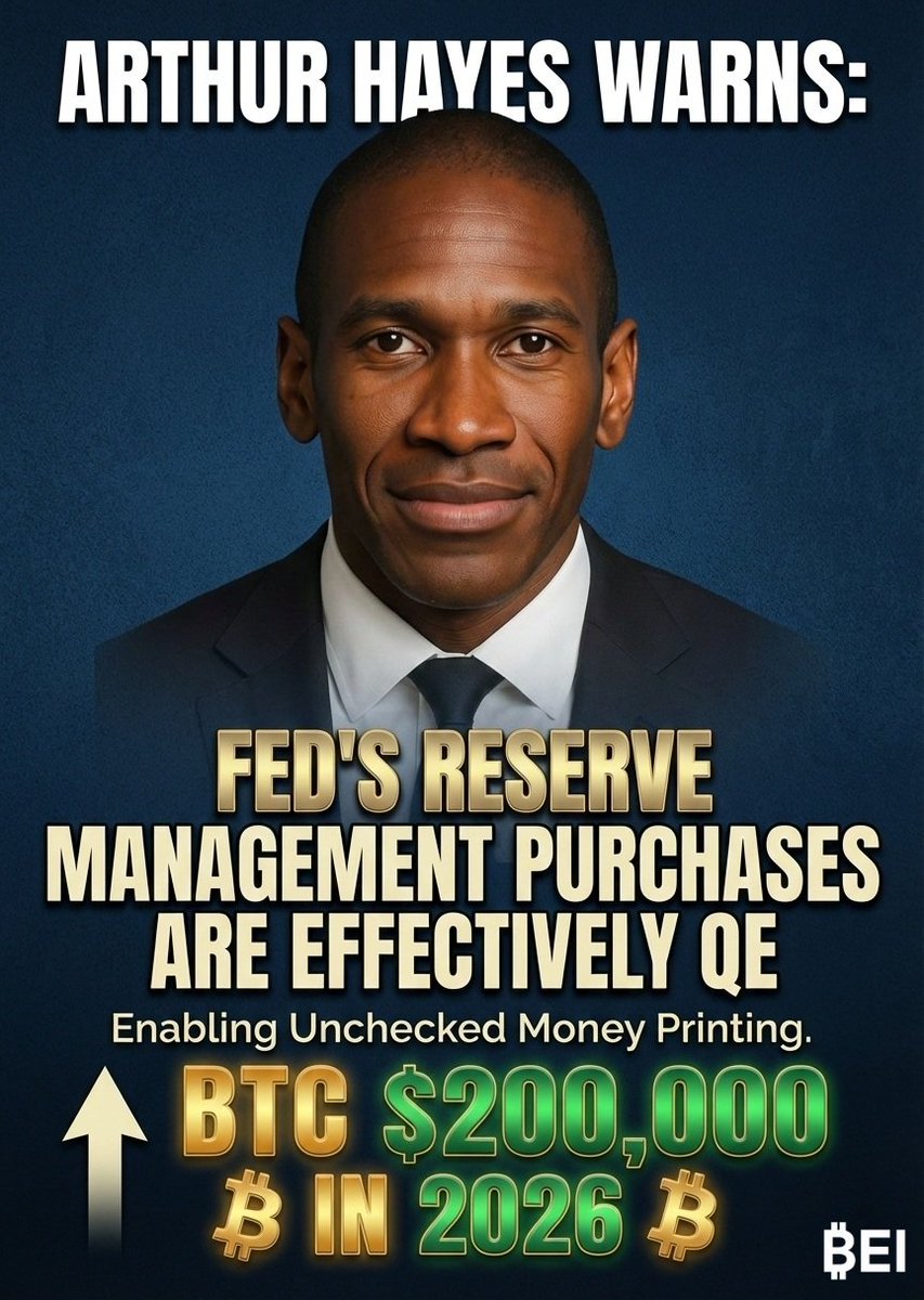 💥 Arthur Hayes argues the Fed’s new Reserve Management Purchases are effectively QE under a different name, warning they enable unchecked money printing that could drive $BTC toward $200,000 in 2026.