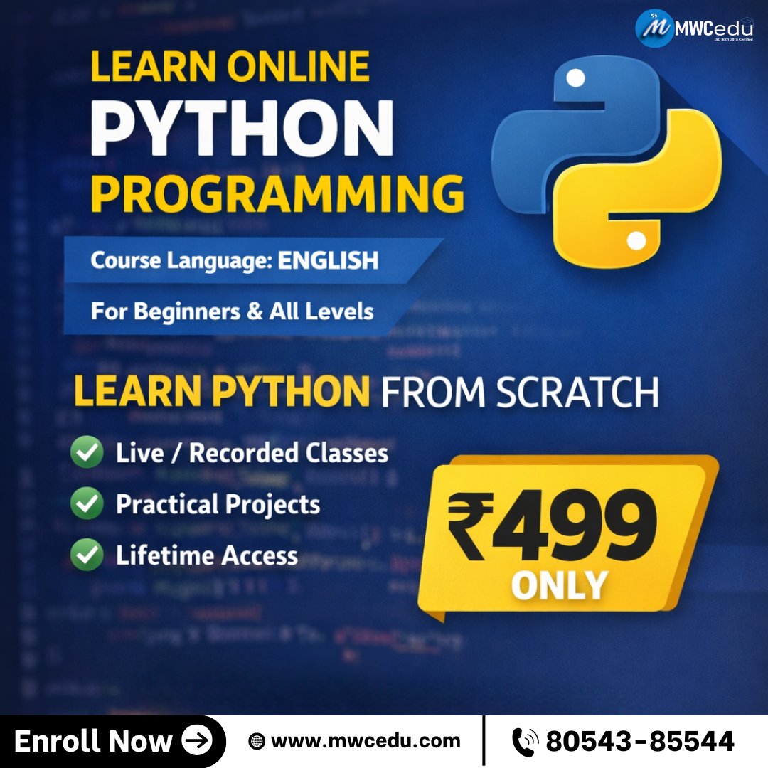 Riya1495707's tweet image. PYTHON PROGRAMMING COURSE

The foundational ideas of Python, including loops, functions, and data structures, are covered in this course on programming.

#AdvancedPython #pythoncourse #learnpythononline #pythonprogramming #CodingSkills #OnlineLearning 
#SoftwareDevelopment