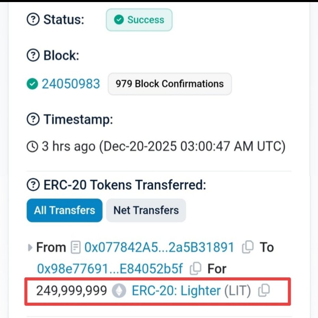 🤯Update on 
<a href="/Lighter_xyz/">Lighter</a>

💱They just moved 250M $LIT to different address
👀That's exactly 25% of the supply

🤔Is it for Airdrop? What do u think?