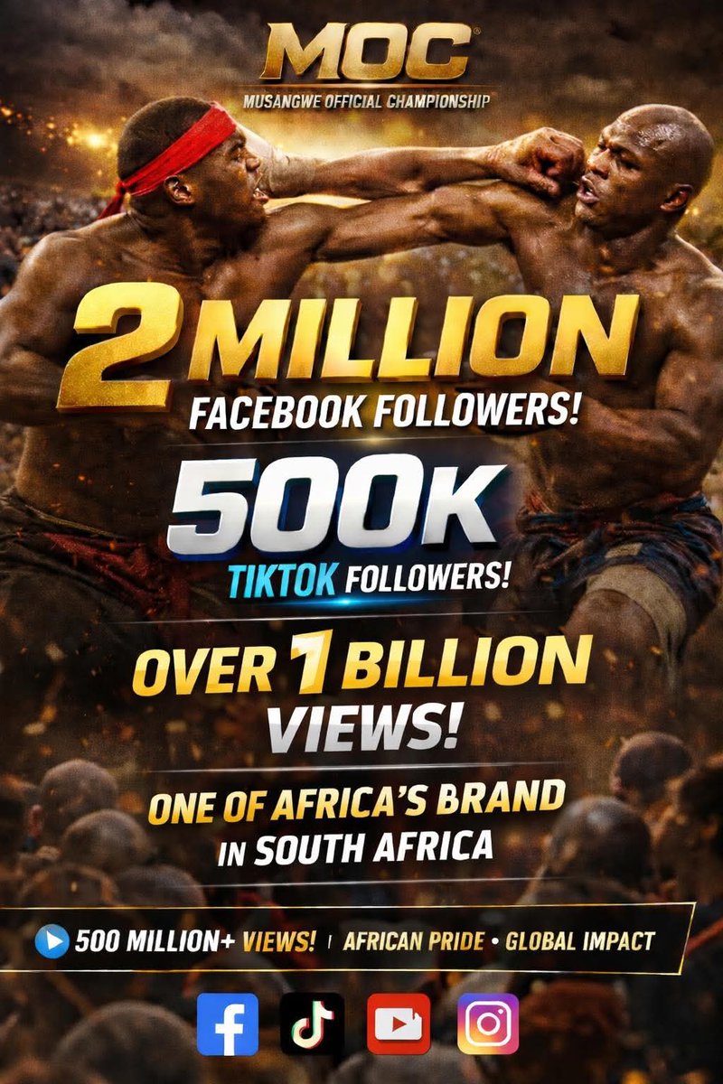 Musangwe_'s tweet photo. PUBLIC STATEMENT

Musangwe Official Championship Reaches 2 Million Facebook Followers and 500K on TikTok

Musangwe Official Championship (MOC) proudly announces a major digital milestone, having surpassed 2 million followers on Facebook and 500,000 followers on TikTok, confirming its position as one of the fastest-growing and most impactful combat sports brands in South Africa and Africa.

This achievement places MOC among the top African fighting leagues in digital reach, and firmly establishes it as one of the leading sports brands in South Africa’s online space, driven by authentic engagement, cultural relevance, and unmatched community support.

MOC’s growth reflects a powerful shift in African sports consumption, where traditional combat sport is no longer confined to local communities, but resonates with audiences across the continent and beyond. With hundreds of millions of cumulative views generated after major events, MOC continues to outperform many established leagues in online visibility and fan interaction.

Reaching these milestones reinforces MOC’s role as:

 • A dominant digital fighting league in South Africa

 • One of the most visible traditional combat sports brands in Africa

 • A cultural sports platform shaping the future of African combat entertainment

MOC extends sincere appreciation to its fans, fighters, sponsors, and partners for believing in the vision. As the brand continues to grow, MOC remains committed to elevating Musangwe, creating opportunities for fighters, and delivering world-class events rooted in African heritage.

#MOC #FestivePhanda Jack Paul.