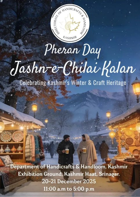 TalkJavid's tweet photo. As the Valley welcomes Chillai Kalan, the 40 days of harsh winter, Kashmir celebrates its soul. Jashn-e-Chillai Kalan, hosted by the Department of Handicrafts and Handloom, marks heritage, warmth and tradition, alongside Pheran Day on December 21. 
#JashnEChillaiKalan #PheranDay https://t.co/0Kc7ueUTBK